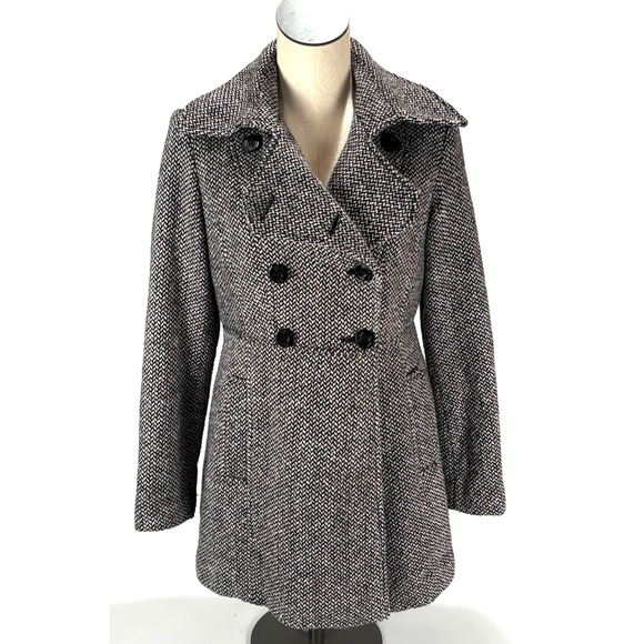 GUESS Los Angeles Wool Coat Double-Breasted Peacoat Houndstooth Plaid Jacket MED - Picture 2 of 9